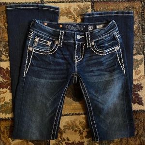 New! Authentic MISS ME Designer Jeans, Sz 24, inseam 32 Dark with Leather accent